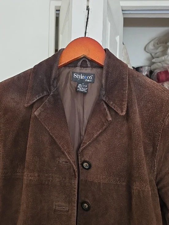 Style & Co. Women's Brown Suede Button-Front Pea Coat - Picture 2 of 14